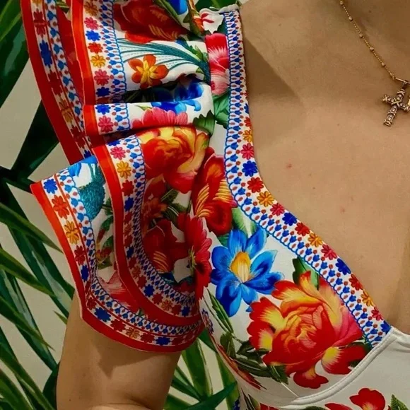 Boho Blanca resort onepiece swimsuit & maxi cover-up skirt white red blue floral - Picture 5 of 16